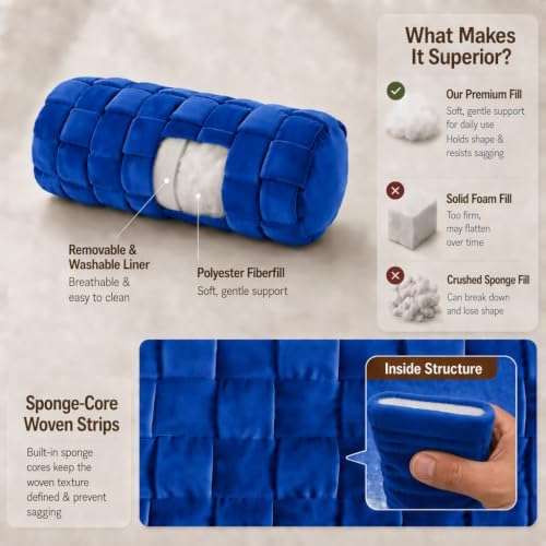 Soft Cylinder Lumbar Pillow, 15.7 x 5.9 Inch Hand-Woven Velvet Neck Roll Pillow, Polyester Fiber Filled for Neck Back Leg Relaxation, Decorative Throw for Couch Sofa Bed Office(Blue)