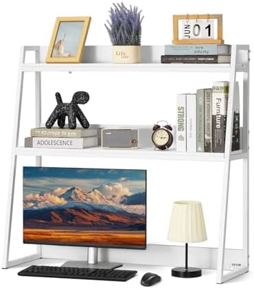 VEVOR Desktop Bookshelf, 2-Tier Desktop Storage Organizer, 37.4" x 12.6" x 35.4" Office Desk Storage Rack Display Shelf, Desktop Bookshelf Hutch with Anti-Slip Feet Pads for Office, Home & Dorm, White