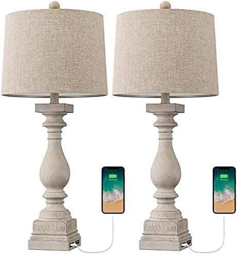 BOBOMOMO 27" Table Lamp with USB C+A Charging Ports Set of 2 Antique Nightstand Lamp for Bedroom Living Room Farmhouse Office Retro Rustic Resin Bedside Desk Lamps Washed White (Blubs not Included)
