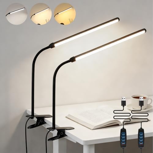 2 Pack LED Desk Lamp with Clamp,Eye-Friendly Clip on Lights for Home Office Study Reading,3 Modes 10 Brightness,Long Flexible Goose-Neck,Swing Arm Architect Task Table Lamps USB Usage