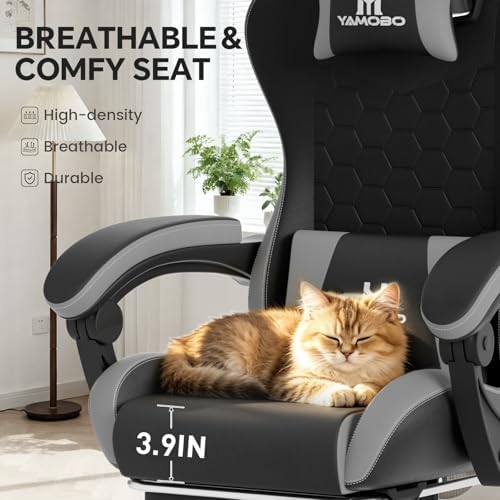 Gaming Chair, Computer Office Chair with Footrest, Adjustable Height & Backrest Gaming Chairs with Swivel for Adults, High Back PU Leather Ergonomic Chair with Lumbar Support, BlackGrey