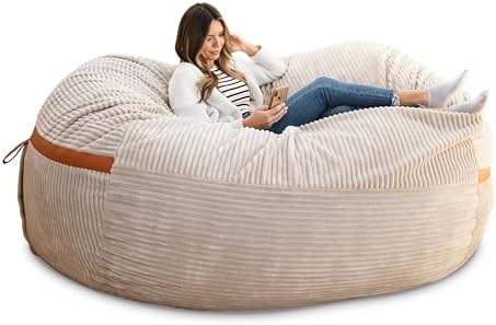 Big Joe Fuf 8Ft Giant Foam Bean Bag Chair, Oversized Couch with Removable Cover for Kids, Teens, Adults, Vanilla Latte Corded Plush, 8 Foot