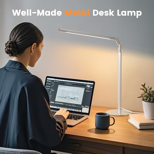 SIBRILLE Silver LED Desk Lamp, 16" Dimmable Metal Desk Light with Base, 15W 1200LM, Adapter Included, Color & Brightness Adjustable, Modern Tall Table Lamp for Home Office Reading Study Task Laptop