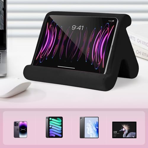 Universal Multi-Angle Tablet Stand Holder-Soft Pad Stand with black phone holder for Lap,Knee,Sofa and Bed,Compatible with iPad Pro 9.7,10.5,12.9 Air Mini 4 3,Kindle,Galaxy Tab,E-Reader (Black)