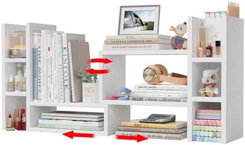 NUTIKAS White Desktop Bookshelf Adjustable Desk Organizer Shelf - Corner Wood Tabletop Storage Display Rack with 6 Cubbies and Pen Holder, Small Hutch for Office Supplies & Dorm Room Decorations
