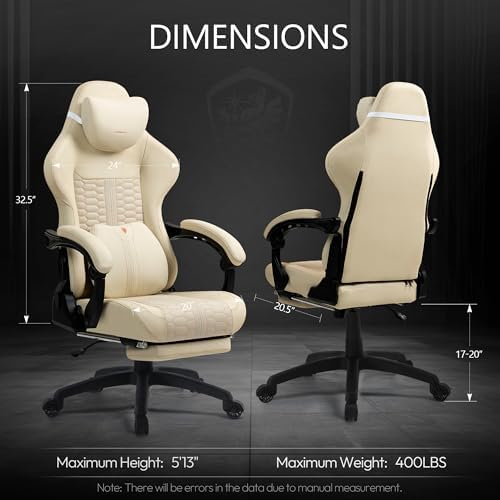Dowinx Big & Tall Vintage Gaming Chair for Adults, 400 lb Capacity Heavy Duty Ergonomic Computer Chair with Massage Lumbar, Footrest & Easy Side Recline, Beige
