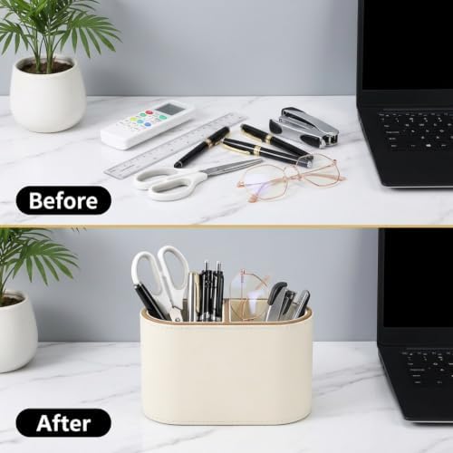 PU Leather Pen Holder, Desk Organizer Caddy with 2 Compartments