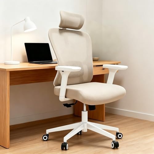 Monhey Office Chair, Ergonomic Office Chair, Home Office Desk Chair for Big and Tall People, Computer Chair with Adjustable Headrest, Lumbar Support, Flip-Up Arms, PU Wheels (03khaki)