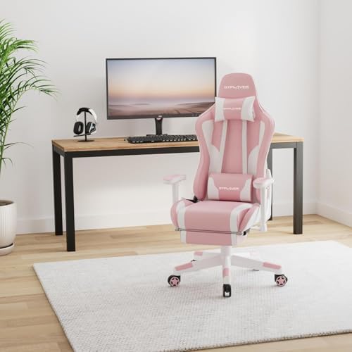 GTPLAYER Gaming Chair with Footrest Speakers Video Game Chair Bluetooth Music Heavy Duty Ergonomic Computer Office Desk Chair (Pink)
