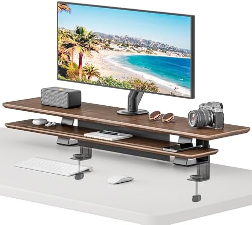 Dual Clamp-On Wooden Monitor Stand, 41.7" 2-Tier Desk Riser Organizer