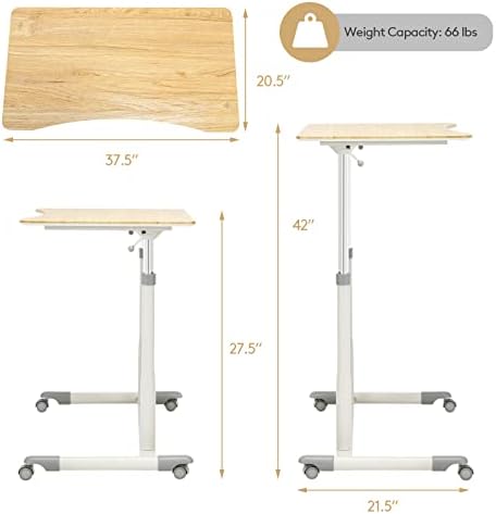 COSTWAY Mobile Height Adjustable Standing Desk, Compact Pneumatic Sit to Stand Computer Desk w/Lockable Casters, Ergonomic Rolling Laptop Table w/Steel Frame for Home Office (Natural)