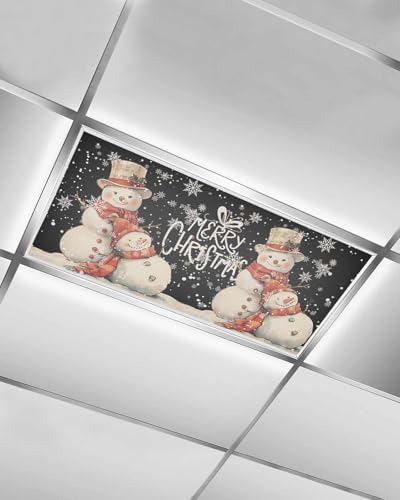 Black Snowman Magnetic Fluorescent Light Covers for Ceiling Lights 2 x 4 Feet,Vintage Christmas Snowflakes Watercolor Office Classroom Kitchen Drop Ceiling Light Covers Filters Shade Panel 1 Pack