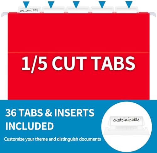 36 Pack Hanging File Folders, Letter Size with 1/5-Cut Adjustable Tabs, 12 Selected Color - File Folder Organizer for Filing Cabinet Office Home, Designed for Bulky Files, Medical Charts