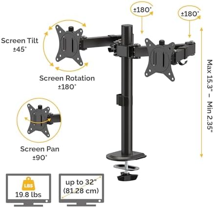 Fellowes Everyday Adjustable Dual Monitor Arm – Holds Two Screens up to 32" (inch) Weighing 19.84 lbs Each, Tilt, Swivel, Rotate, VESA 75/100, Clamp or Grommet Mount, Cable Management