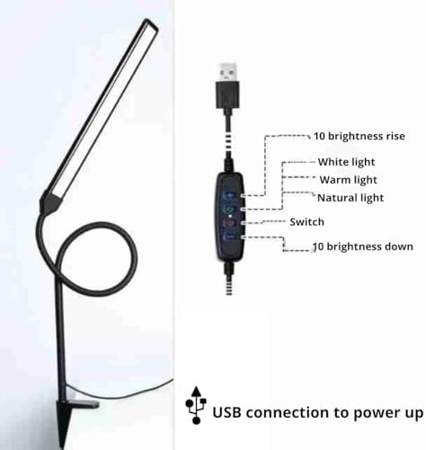 LED Desk lamp with Clamp, Eye Caring Clip,Desk Lamps for Home Office, Desk Light 3 Modes 10 Brightness, Long Flexible Gooseneck Led Lamp Office Lamp with USB Adapter