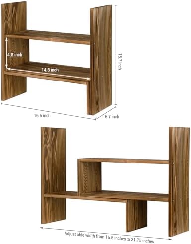 MyGift Adjustable Dark Brown Solid Wood Desktop Storage Organizer Display Shelf Book Rack, Home Office Desk Decor Bookshelf