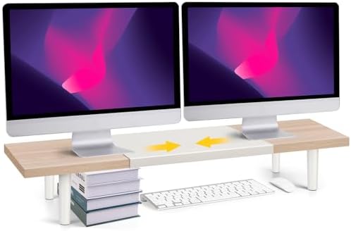 Across-Star Dual-Monitor-Stand-Riser-For-Desk Adjustable Length 32-40 Inch，Large Desktop Computer Monitor Riser For 2 Screens，Desk Shelf Organizer Riser Stand For Computer/Laptop/PC/Printer/TV Black