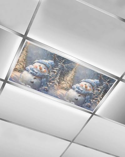 Blue Snowman Magnetic Fluorescent Light Covers for Ceiling Lights 2 x 4 Feet,Christmas Tree Shabby Chic Forest Painting Office Classroom Kitchen Drop Ceiling Light Covers Filters Shade Panel 1 Pack