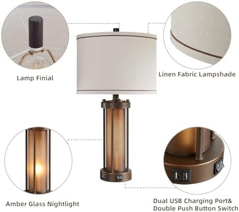 RORIA Farmhouse Table Lamps for Living Room with USB C+A Ports