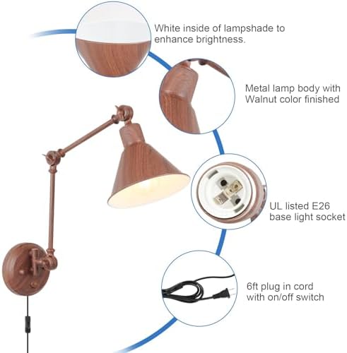 TRLIFE Wall Sconce Plug in, Dimmable Wall Sconce with Switch Swing Arm Wall Lights Plug in Wall Mounted Light Wall Sconces Lighting with 6FT Plug in Cord, E26 Base(1 Pack, Walnut Color)