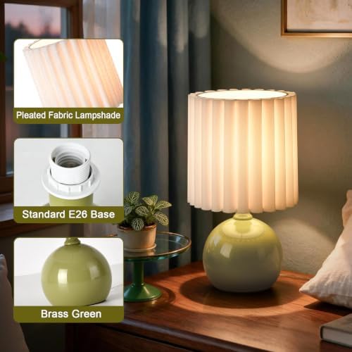 Ziqqeelam Green Small Table Lamp with Scalloped Linen Shade, Mini Green Table Lamp for Bedroom Nightstand, Cute Desk Night Light for Living Room, Bookshelf, Kitchen Counter, Kids Room, Office