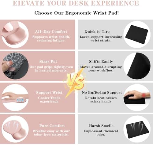 Mouse Pad with Wrist Rest,Ergonomic Mouse Pad with Comfortable Gel Wrist Rest Support and Non-Slip PU Base for Easy Typing Pain Relief, Durable and Washable(Pink)