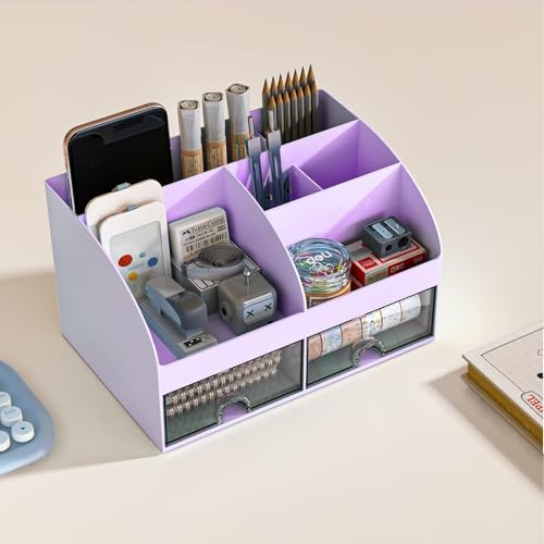 COMFYROOM Desk Organizer with 6 Compartments and 2 Drawers, Plastic Makeup Organizer, Pen Holder for Desktop Storage, Desk Organization for School, Home, Office Supplies (Purple)
