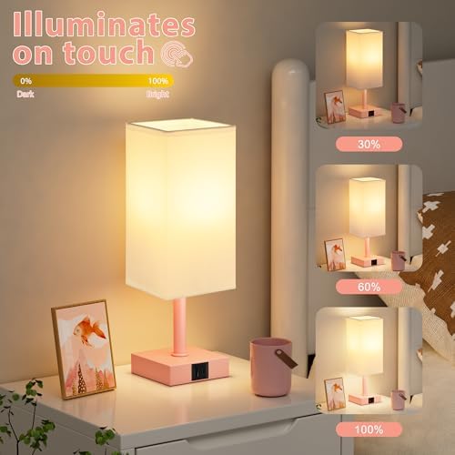 Touch Table Lamp for Bedroom - Dimmable, USB C+A, White Lamphade Pink Base