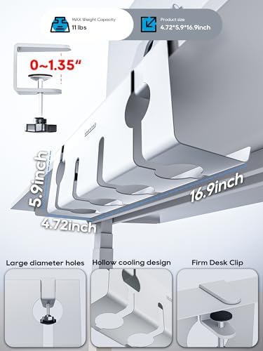 NODOCA No Drill Under Desk Cable Management Tray, 17'' Wire Management, Punch-Free Clamp on, Metal Cable Tray, Wire Organizer Under Desk, Under Desk Basket for Office and Home, White(2 Packs)