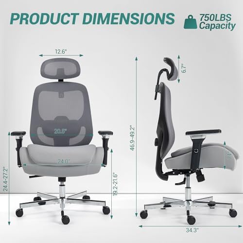 Big and Tall Office Chair 750lbs, Heavy Duty Ergonomic Mesh Desk Chair, 500+lbs Capacity, Extra Wide Seat, High Back Executive Computer Chair for Heavy People, Grey