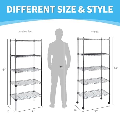 Simple Deluxe 5-Tier Storage Shelves, 29.92" W x 13.78" D x 65 "H Adjustable Heavy Duty Wire Shelving, 1250 Lbs Loading Capacity, Black