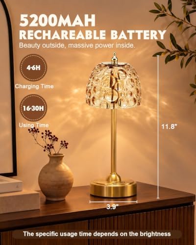 Nusogon Cordless Glass Table Lamp, 5200mAh Small Rechargeable Touch Lamp