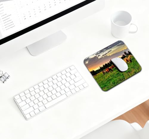 9.5x7.9 Inch Office/Gaming Mouse Pad, Horses Grazing in a Serene Pastoral Sunset Landscape Cute Anti-Slip Mat for Desk