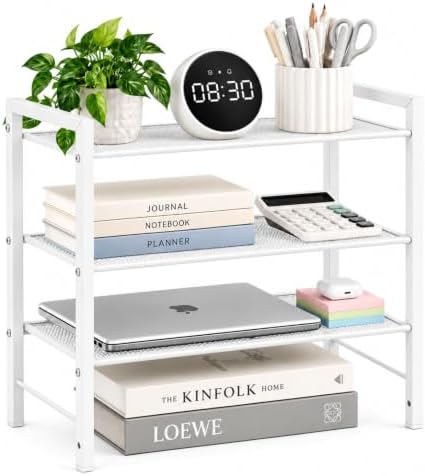 Desktop Shelf Organizer, 3-Tier Office Storage Rack, Adjustable Metal Bookshelf for Top of Desk, White Desk Organizer for Office, Home, Dorm and Small Spaces (White)