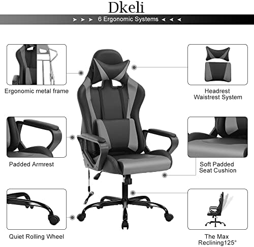 Dkeli PC Gaming Chair Office Chair Racing Desk Chair with Lumbar Support Arms Headrest Massage High Back PU Leather Ergonomic Computer Chair Rolling Adjustable Swivel Chair for Women Men Adult, Grey