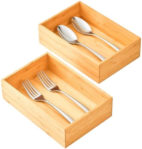 Umilife Bamboo Kitchen Drawer Organizer, Extra High Silverware Tray, Flatware Cutlery Storage Box, Multi-Use Holder in Office, Bathroom, Pantry - 9"x6"x2.5" (Set of 2)