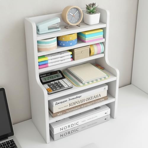 Tangkula 6-Tier Desktop File Organizer, Wooden Mail Letter Tray Organizer with 2 Removable Shelves for Papers, Folders & Office Supplies, Space-Saving Desktop File Holder for Small Spaces Home Office