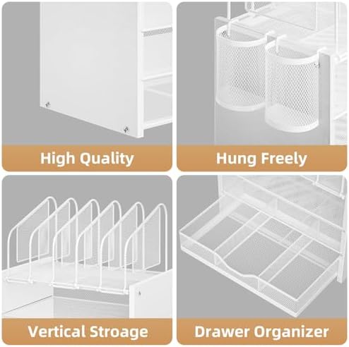 Marbrasse Desk Organizer with Drawer, 4-Tier Wooden File Organizer with 5 Vertical File Holders and 2 Pen Holders, Desk Organizers and Accessories for Home Office - White