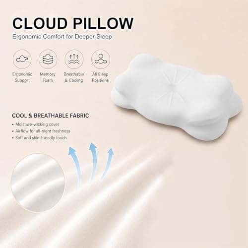 Large Cloud Sleep Pillow, Upgrade 3.0 Cloud Neck Pillow, Ergonomic Memory Foam Pillow with Adjustable Cervical Support & Cooling Breathable Cover for Side, Stomach Sleepers & Back - White