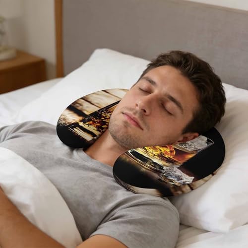 Neck Pillow Farm Wine Glass on Wood Table Washable Memory Foam Pillow for Airplane Office Car Sleeping, Country Style Travel Pillows U Shaped Stretch Neck Support Pillows