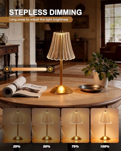 Nusogon Rechargeable Cordless Table Lamp, Gold Touch Crystal Desk Lamp