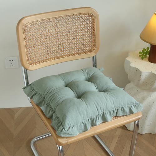 Tufted Cotton Chair Cushions Set of 2 Solid Color Soft Comfort Chair Pads with Ruffles Farmhouse Country Seat Cushions for Kitchen Indoor Dining Room Patio Chairs (Green,17"x17")