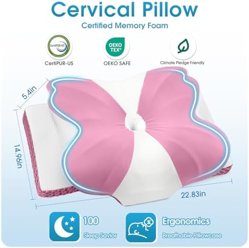 CloudBliss Cervical Memory Foam Pillow for Neck and Shoulder, Contour Neck Support Pillow with Cooling Case, Ergonomic Bed Pillow, Support for Side Back Stomach Sleepers (Pink, Standard Size)