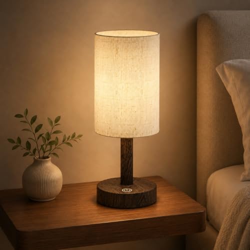 Small Rechargeable Cordless Table Lamp, Nightstand to Desk, Dark Walnut