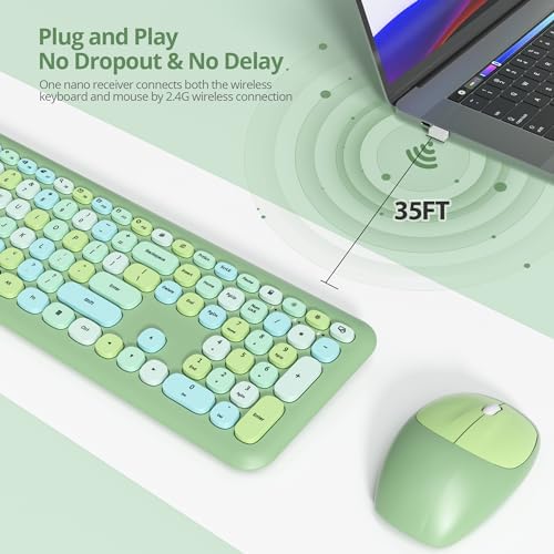 Surmen Cute Colorful Green Keyboard and Mouse Wireless Silent, Full-Size Retro Typewriter Wireless Quiet Slim Keyboard Low-Noise 2.4GHz for Computer, Desktop, Laptop(Sage Green)