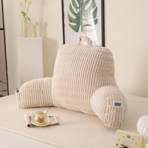 Reading Pillow for Sitting in Bed with Arm,White Corduroy, M