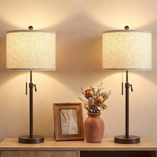 Qingmiao Table Lamps Set of 2, 22" to 30" Adjustable Nightstand Lamps for Bedroom, Dimmable End Table Lamps for Living Room Console Entry Farmhouse Home Decor, New House Warming Gifts