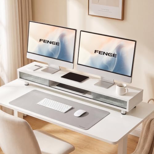 Fenge Dual Monitor Stand with Storage, Desk Shelf with Glass Sliding Door