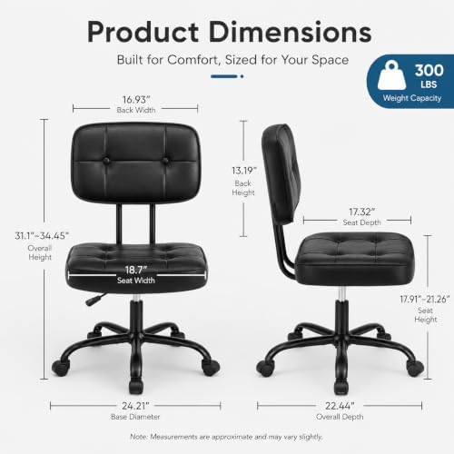 Armless Drafting Chair, Ergonomic PU Leather Home Office Computer Task Chair with Lumbar Support, Height Adjustable Swivel Rolling Chair for Small Spaces, Vanity, Bedroom, Study, Living Room, Black