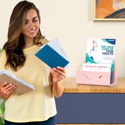 Mail Organizer Envelope Holder - 3 Compartments Pink Acrylic Mail Holder Countertop Home Office Desk Organizer Small File Sorter Vertical Bill Letter Paper Document Storage Rack